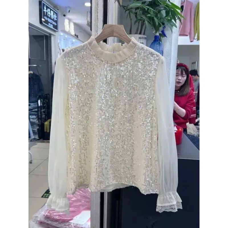 Ruffled Chiffon Spliced Sequins Long-sleeved T-shirt for Women 2025 Early Spring New French Chic and Elegant Top