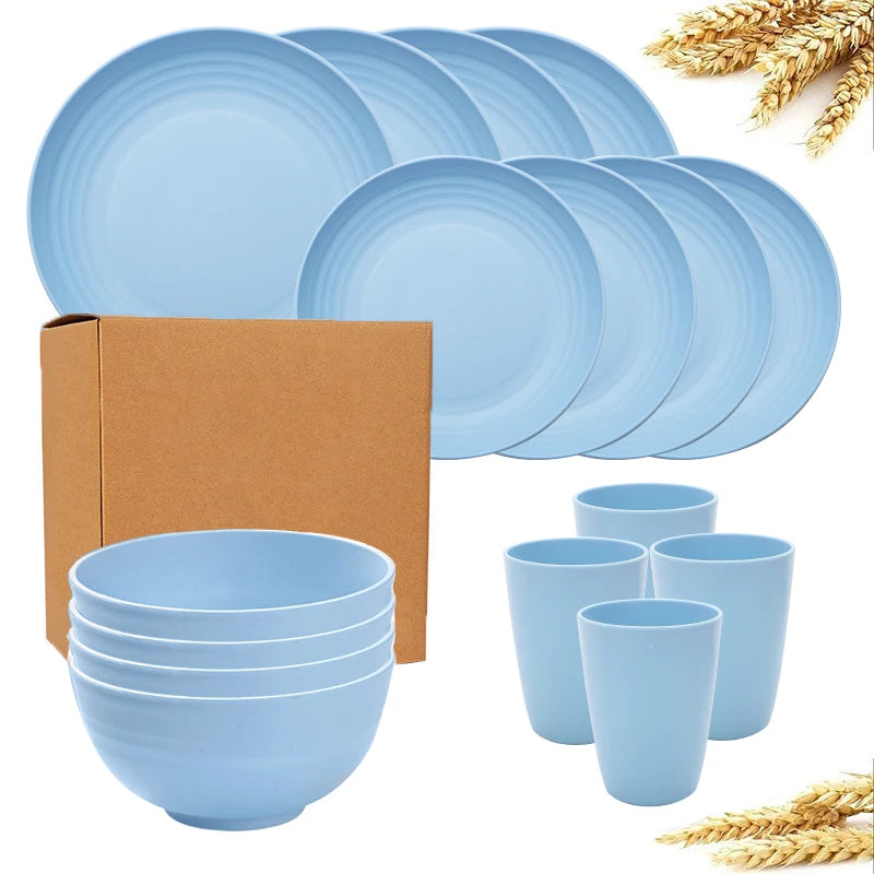 16 pieces of pp tableware set, including (9.1-inch) plates, (7.8-inch) plates, dinner bowls and beverage cups.