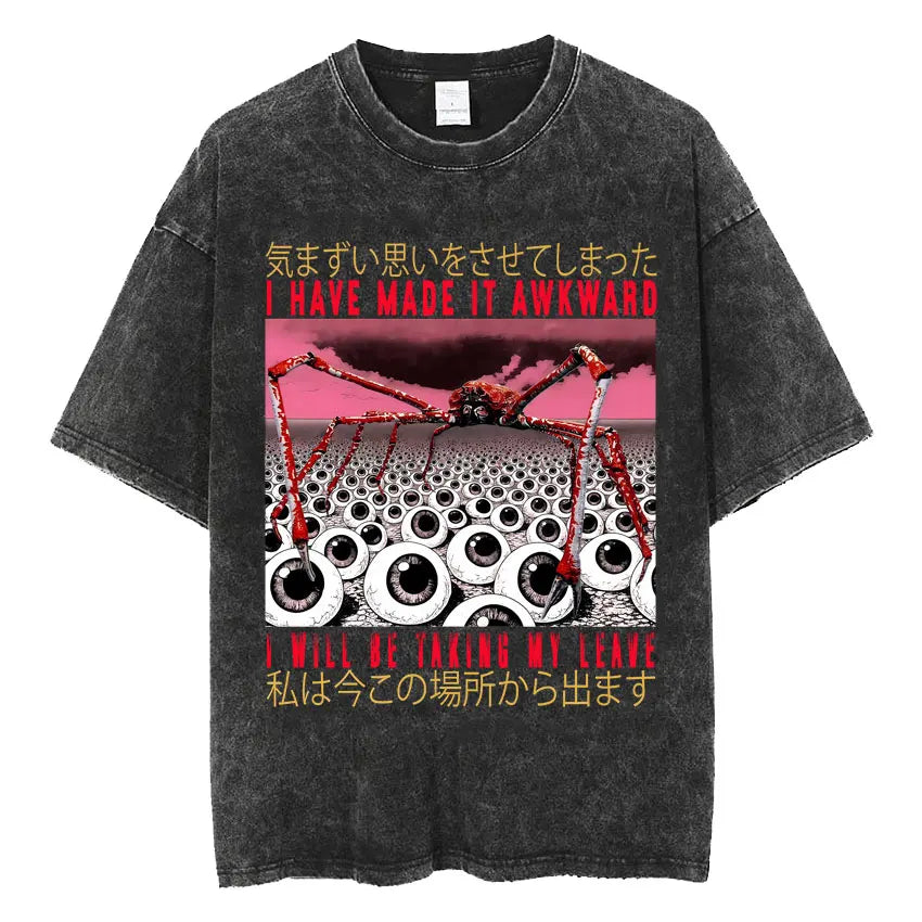 Mens Clothes Vintage Washed The Harbinger of Awkward Situations Weirdcore Japanese Funny Short Sleeved Round Neck Y2k Tshirt