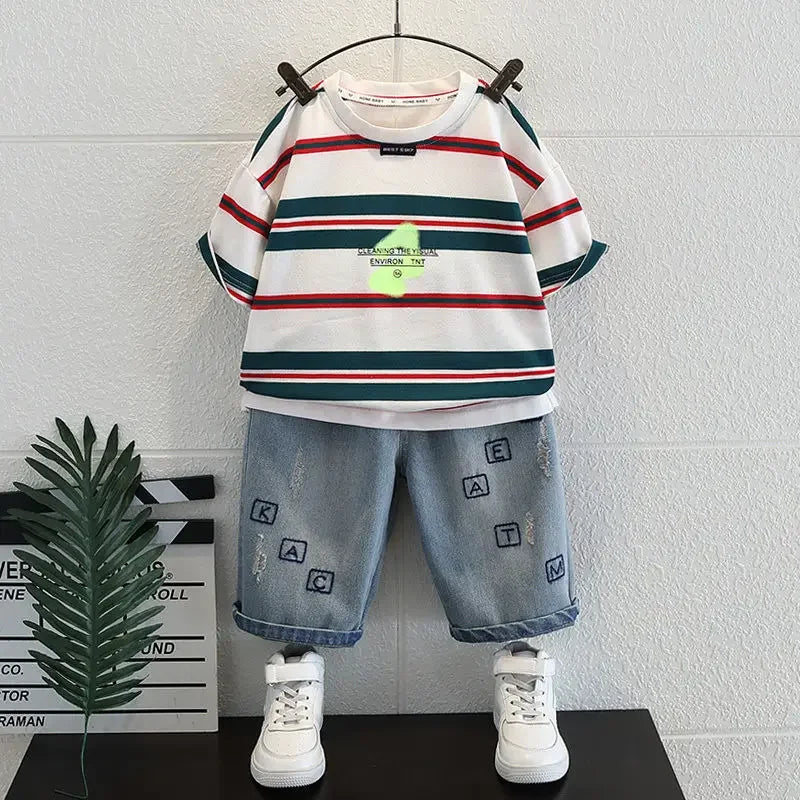Kids Clothing 2pcs Sets Boys Grey Hole Short Sleeved T-shirt+ Denim Shorts Summer Suit 2025 New  Handsome Baby Clothes