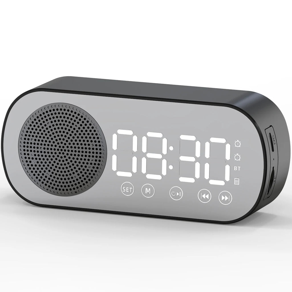 Digital Alarm Clock Bluetooth 5.0 Speaker LED Display Mirror Desk Alarm Clock with FM Radio Support TF Card Play for Home Office