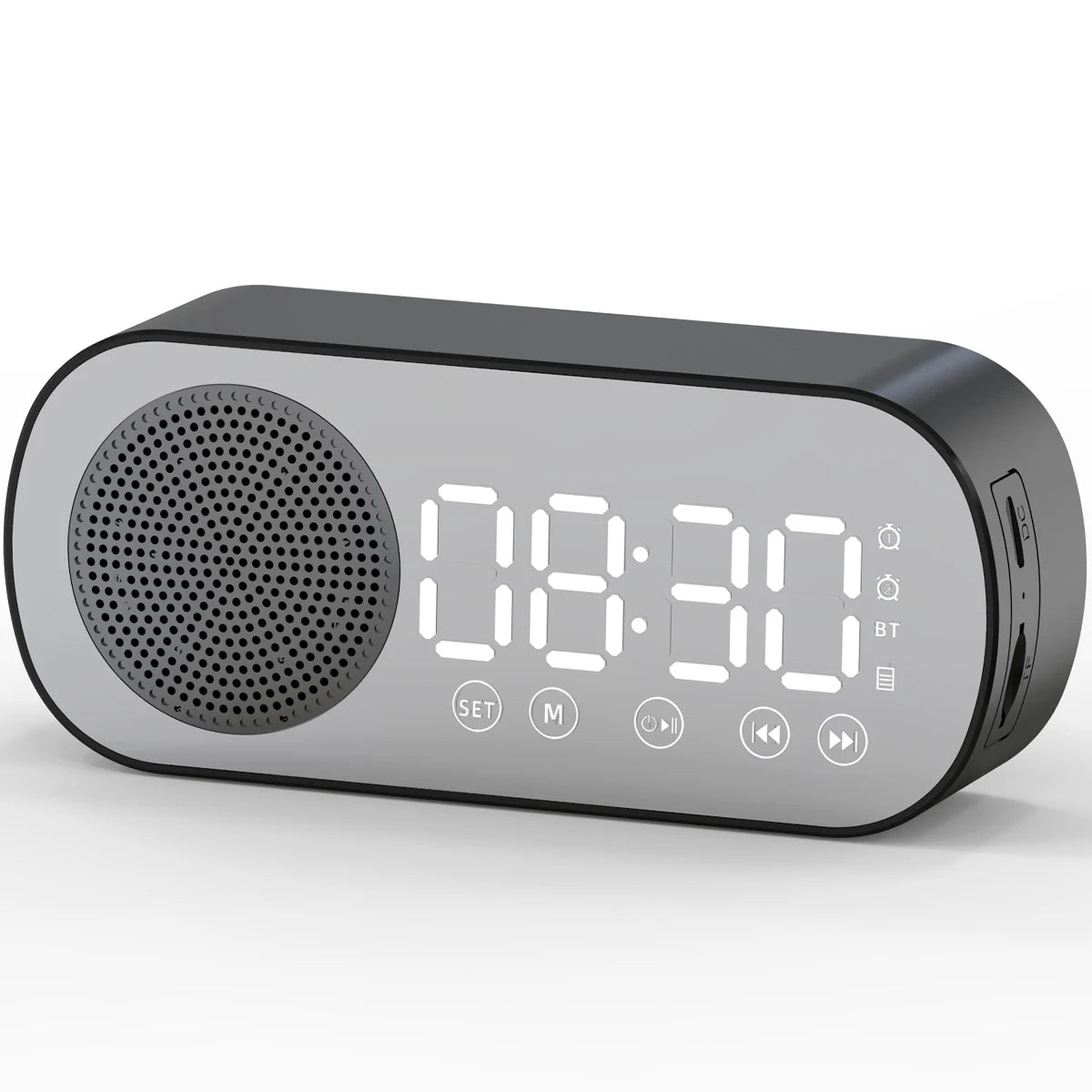 Digital Alarm Clock Bluetooth 5.0 Speaker LED Display Mirror Desk Alarm Clock with FM Radio Support TF Card Play for Home Office
