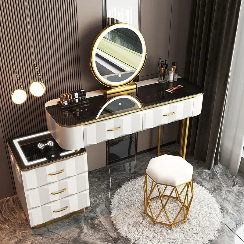 Makeup Vanity Desk with Wireless Charging Station and Bluetooth Speaker, Dressing Table with Tempered Glass Desktop,Vanity Set