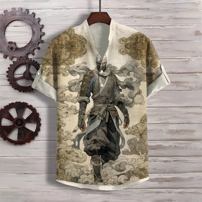 Spring and summer men's and women's shirts, fashionable shirts, casual fish pattern Hawaiian style printed shirts, linen tops