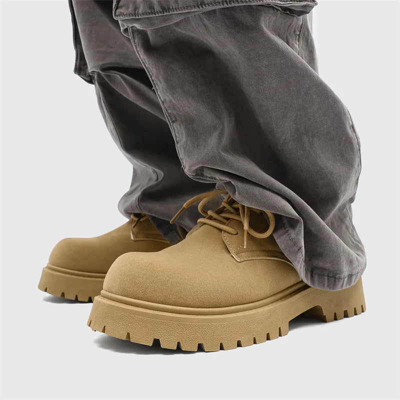 Mens Chunky Derby Work Boots Retro Lace-Up Suede Shoes Thick Sole Breathable Low-Top Industrial Casual Footwear for Men 2026