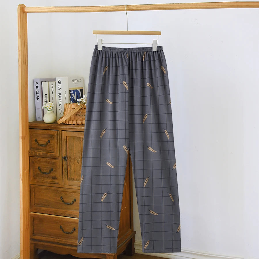 Good-Looking Men's Pajama Pants for Spring, Autumn, and Summer, Thin Long Pants, Plus Size, Loose Plaid Home Pants for Middle-Aged Dads