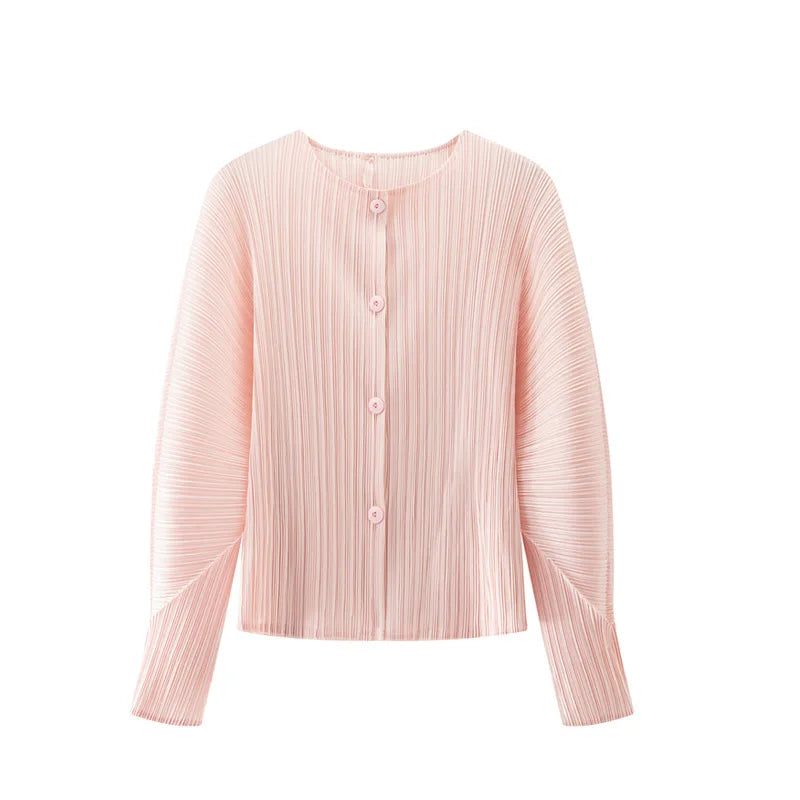 Miyake Pleated Solid Color Round Neck Cardigan Short Jacket for Women Long Sleeve Spring 2025 New Fashionable Age-reducing Top