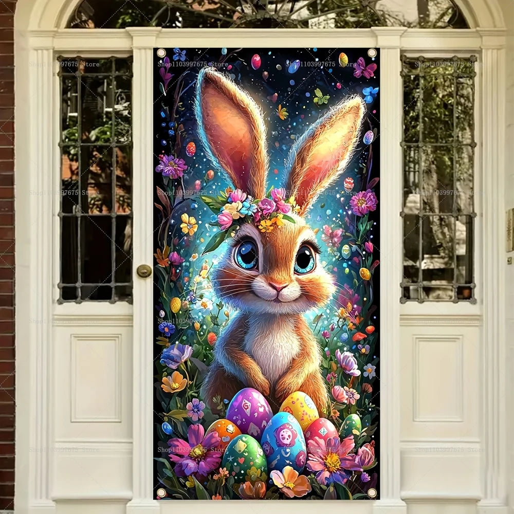 Easter Bunny Door Cover Banner Vinyl Easter Eggs Flowers 2D Door Banner for Spring Holiday Party Background Decoration Supplies