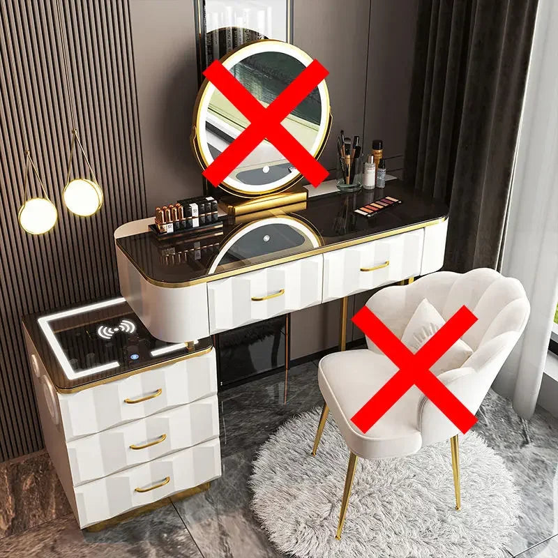 Makeup Vanity Desk with Wireless Charging Station and Bluetooth Speaker, Dressing Table with Tempered Glass Desktop,Vanity Set