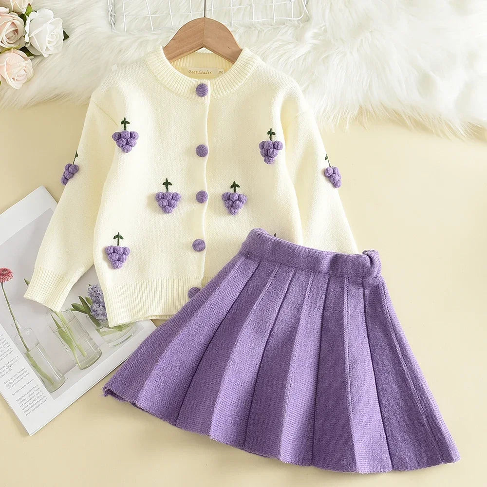 Kids Clothes Girls Winter Children's Clothing Cartoon Grape Strawberry Decoration Sweater Cardigan+solid Color Pleated Skirt Set