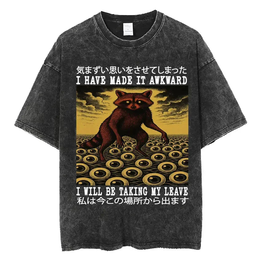 Mens Clothes Vintage Washed The Harbinger of Awkward Situations Weirdcore Japanese Funny Short Sleeved Round Neck Y2k Tshirt
