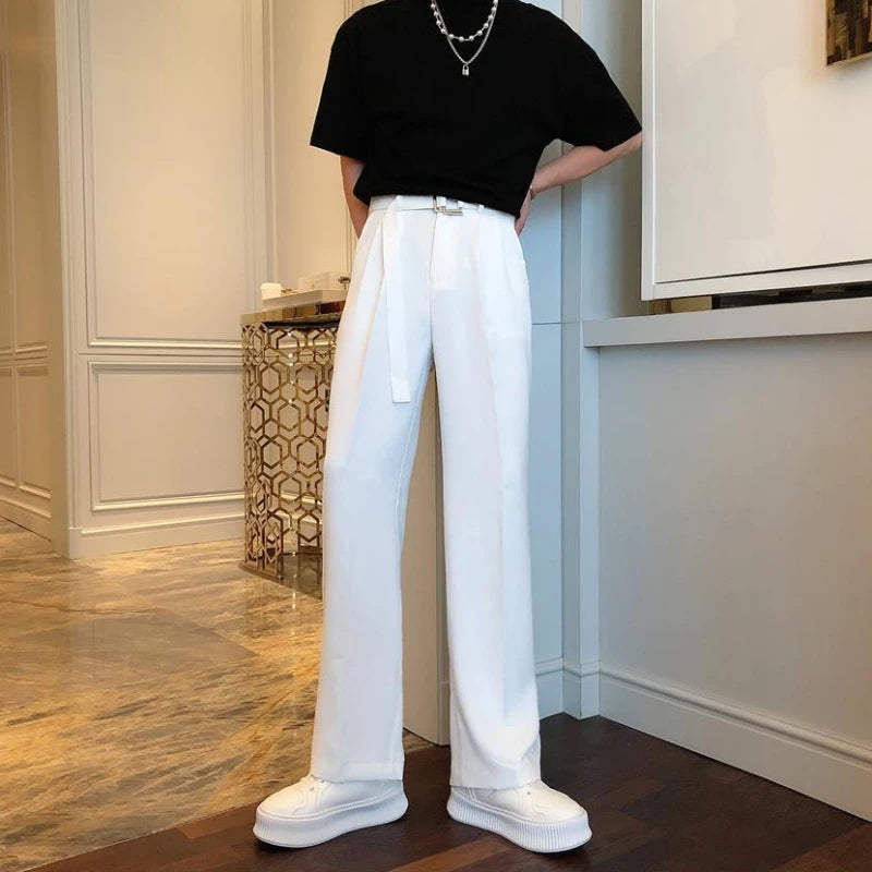 White Trousers For Men Baggy With Belt Wide Leg Elegant Spring Clothes Man Suits Pants Clothing Promotion Hot Fabric Summer 2025