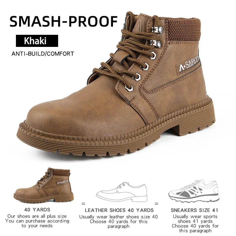 Mens Work Boots 2025 Fashion Outdoor Leather Steel Toe Indestructible Shoes Men Anti Slip Puncture Proof Safety Shoes Boot Man