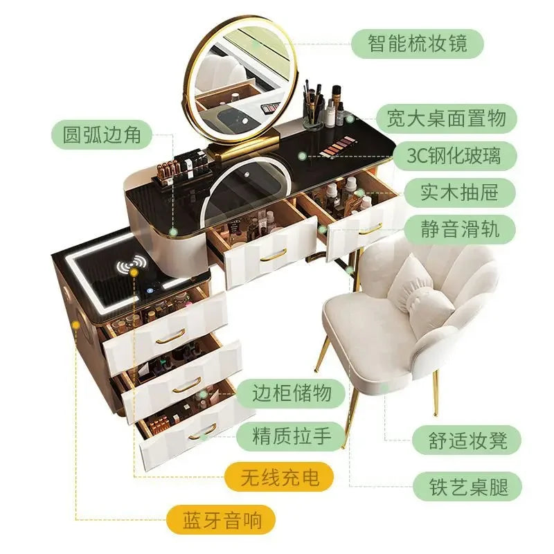Makeup Vanity Desk with Wireless Charging Station and Bluetooth Speaker, Dressing Table with Tempered Glass Desktop,Vanity Set
