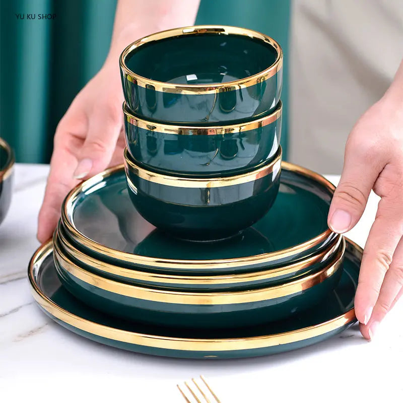 Gold Edging Green Porcelain Plates Food Dinner Set Dishes Salad Soup Bowl Ceramic Plates Bowls Luxurious Tableware Set