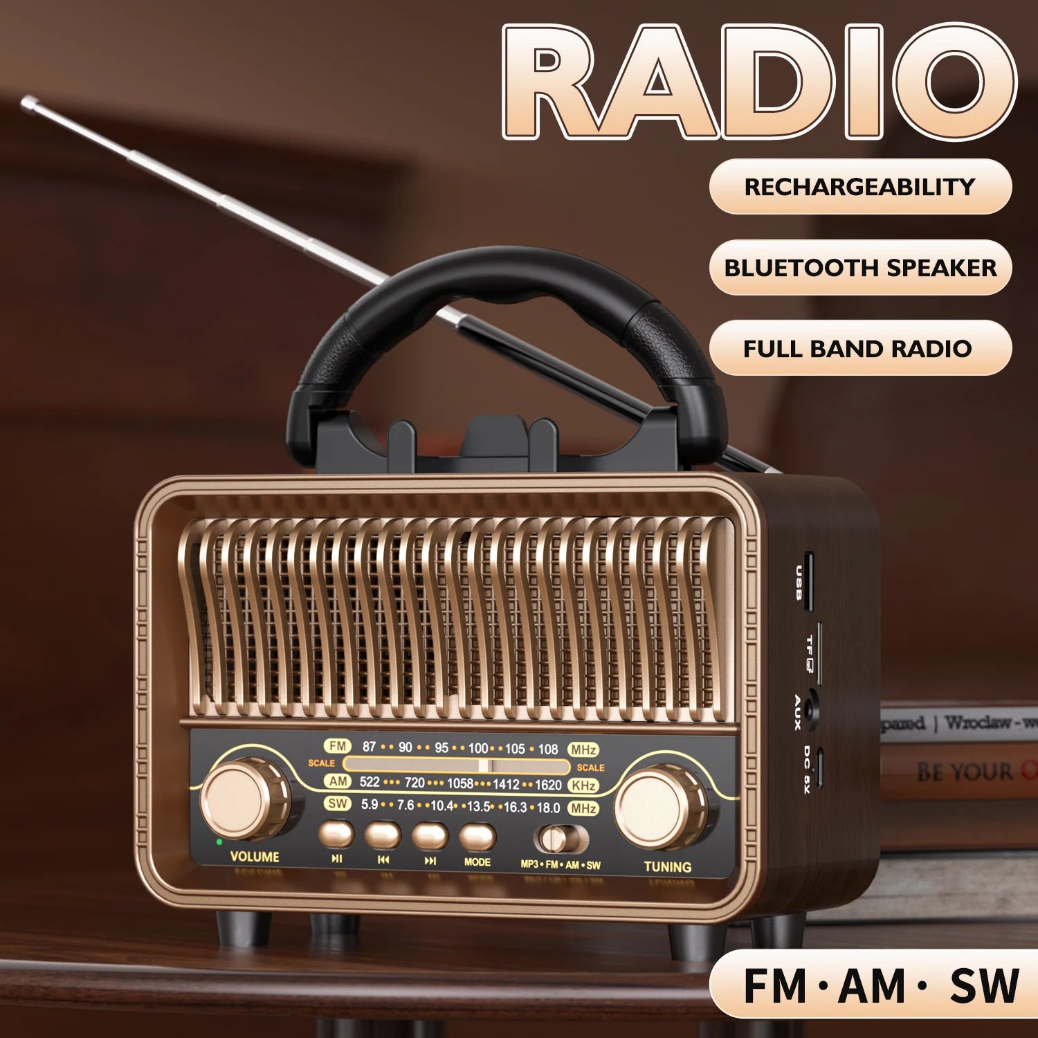 Retro Wireless Radio Portable AM/FM/SW with USB Rechargeable Battery With antenna, AUX and TF card playback, suitable for home