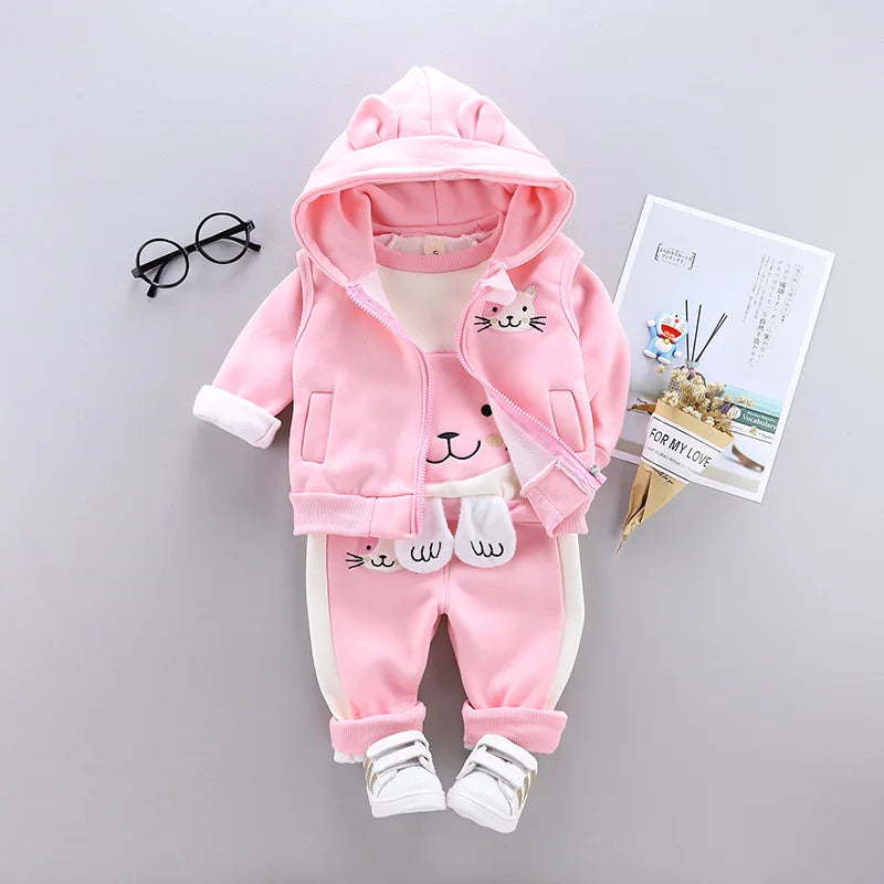 Boys Girls Cartoon Clothing Suits Baby Plus Velvet Jacket+Hooded Vest+ Pants 3Pcs Sets Kids Toddler Winter Sports Clothes 0-4Y
