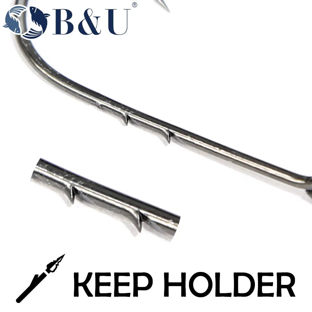 B&U 50pcs/lot Fishhooks High Carbon Steel Long And Straight Shank Barbed Fishing Hooks For Fresh And Saltwater Fishing