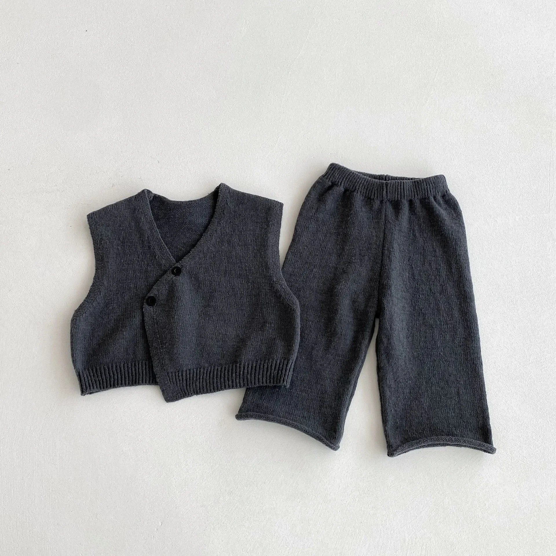 1-6Y Kids Clothing Set Knit Vest And Wide Leg Pants 2 Pcs Boys Clothing Set Brief Style Girls Sweater Suit