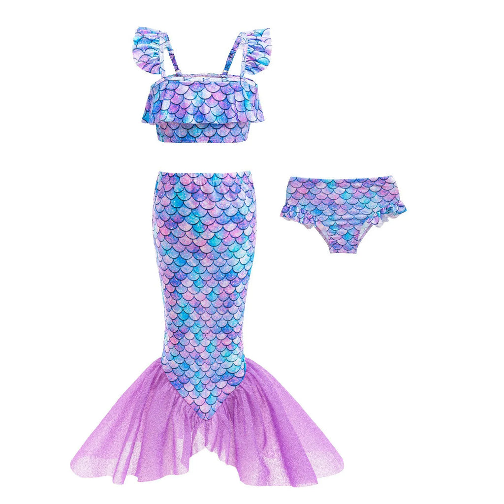 Girls Mermaid Swimsuits Summer Holiday Beach Wear Children 3 Pcs Fishtail Print Swimwear Kids Princess Quick Drying Sets 2-8 Yrs