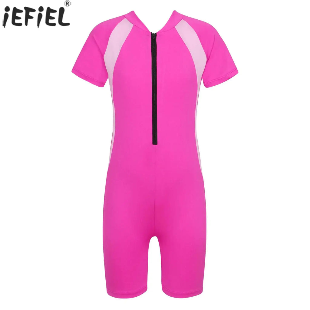 Kids Girls Boys Rash Guard One-piece Swimsuit Short Sleeves Zippered Shorty Wetsuit Swimwear Pool Beach Surfing Bathing Suit