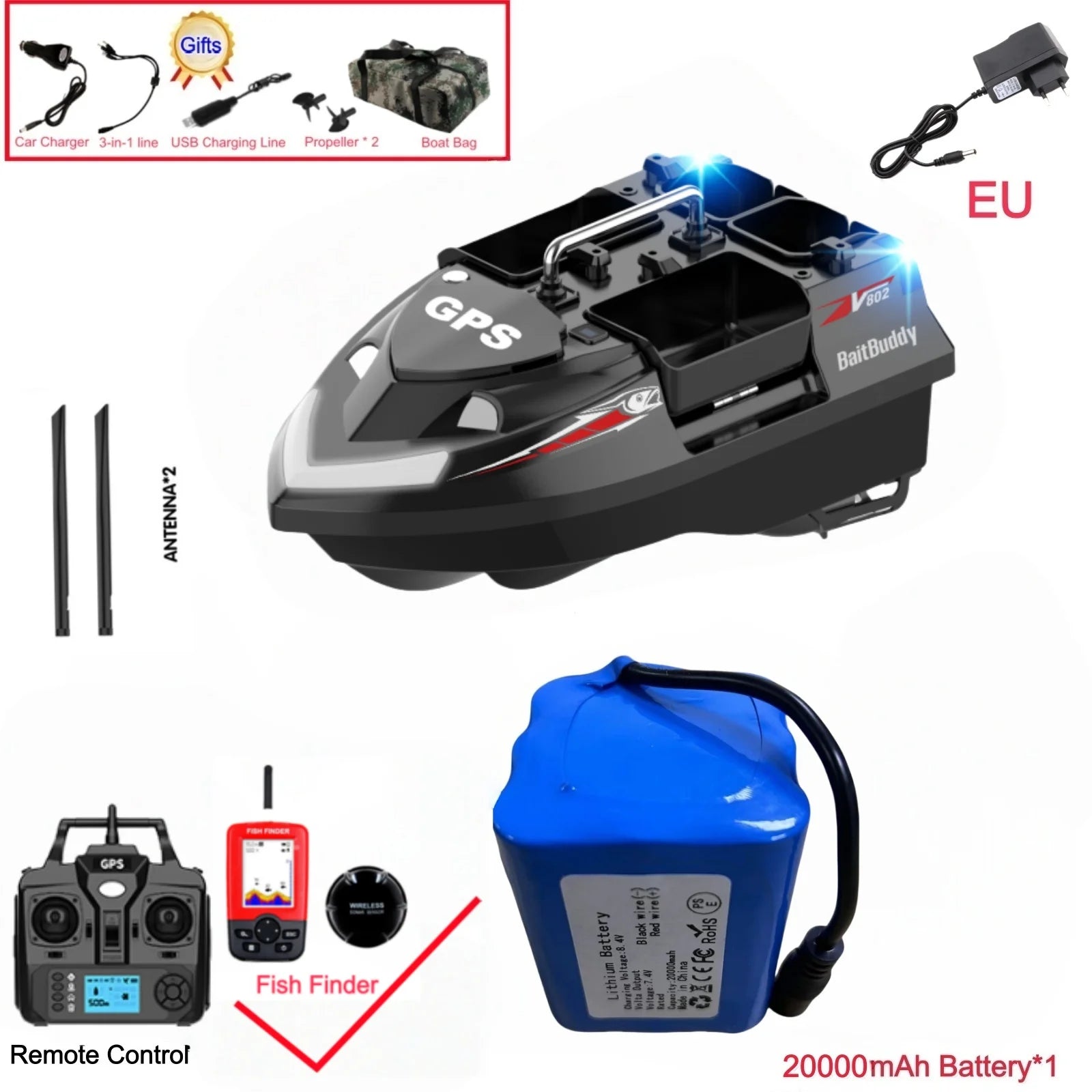 GPS Positioning 160 Positioning Points Fishing Boat Rc Bait Boat 4 Hoppers Waterproof 3KG Load 500M 15KM/H GPS One Click Return