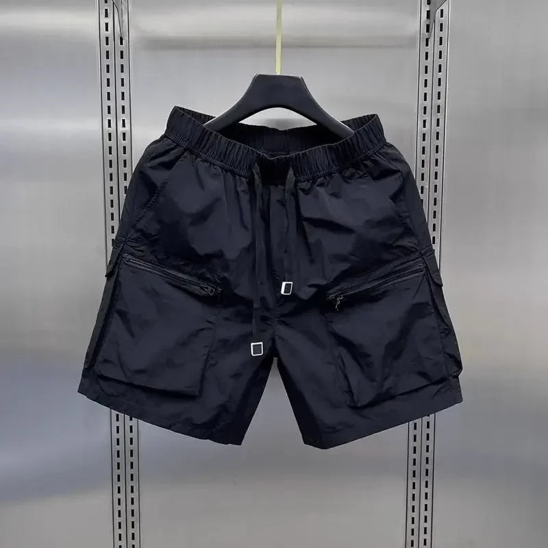 Men's Retro Multi Pocket Cargo Shorts Summer Thin Loose Straight Casual Outerwear Capris Solid Color Drawstring Short Pants
