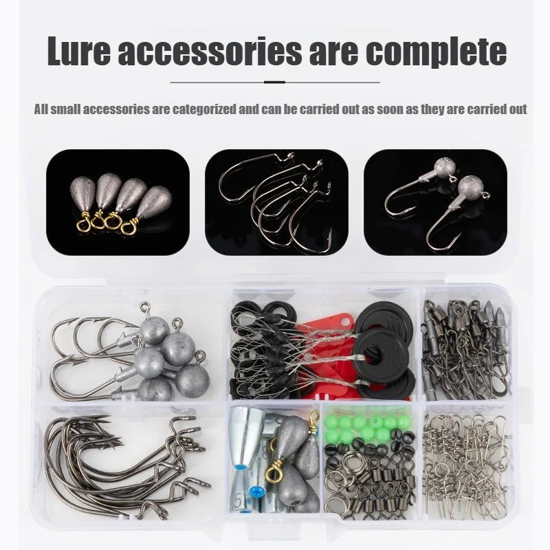 170PCS Saltwater Fishing Tackle Kit: Complete Set with Strong Hooks, Texas Rigs, Drop Shot Rigs & Portable Box for Offshore