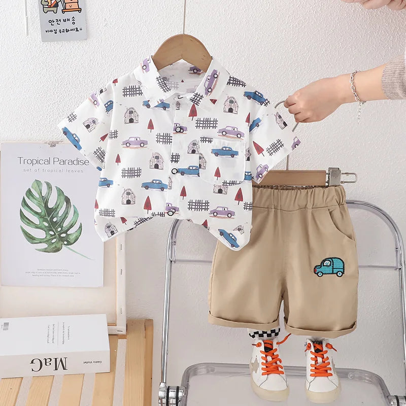 Kids Baby Boy Clothing Set Summer Cartoon Full Car Print T-Shirt + Shorts Fashion Casual Boy Tracksuit Children Baby Clothes Set