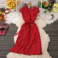 Ficusrong Dot Print Chic Summer Women Dress High Waist Knee Length Bandage Ladies Medium Long Dresses