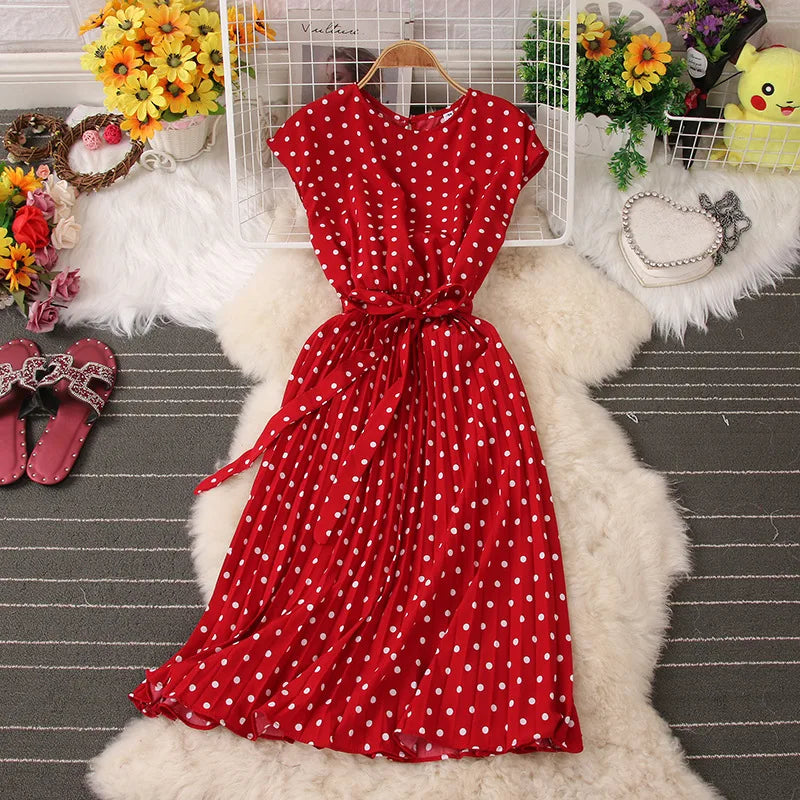Ficusrong Dot Print Chic Summer Women Dress High Waist Knee Length Bandage Ladies Medium Long Dresses