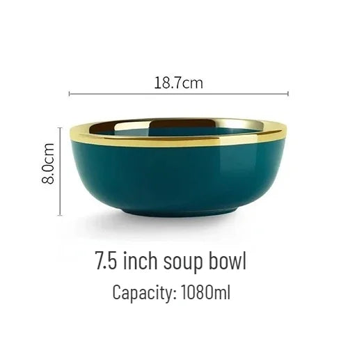 Gold Edging Green Porcelain Plates Food Dinner Set Dishes Salad Soup Bowl Ceramic Plates Bowls Luxurious Tableware Set