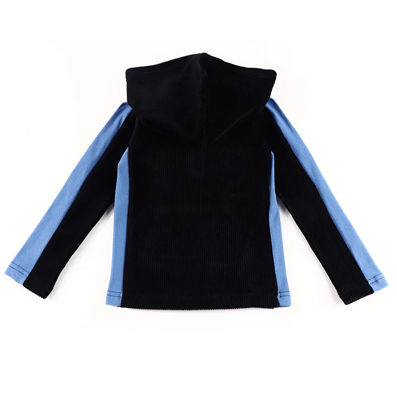 Kids shirt black corduroy dress side denim panel long sleeves boy/girls t-shirt cangroo pocket family set outfit hoodie clothing