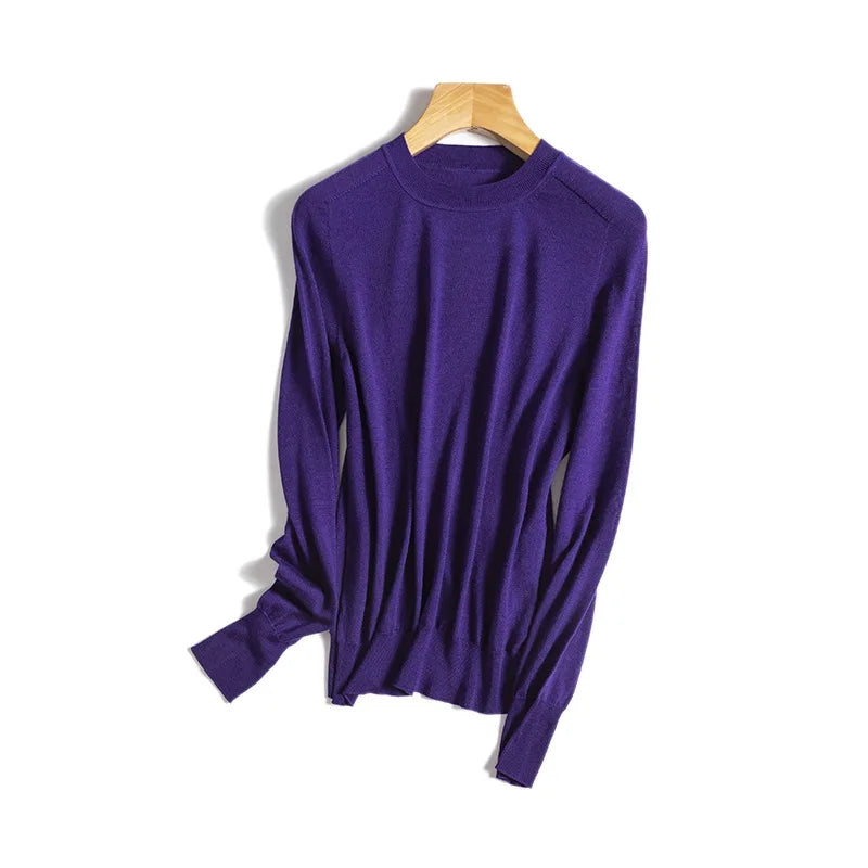 Birdtree, 100% Pure Wool Elegant Thin Sweater, Women O Neck Long Sleeve, Basics Bottom Knit Tops, 2024 Summer New T46840QM