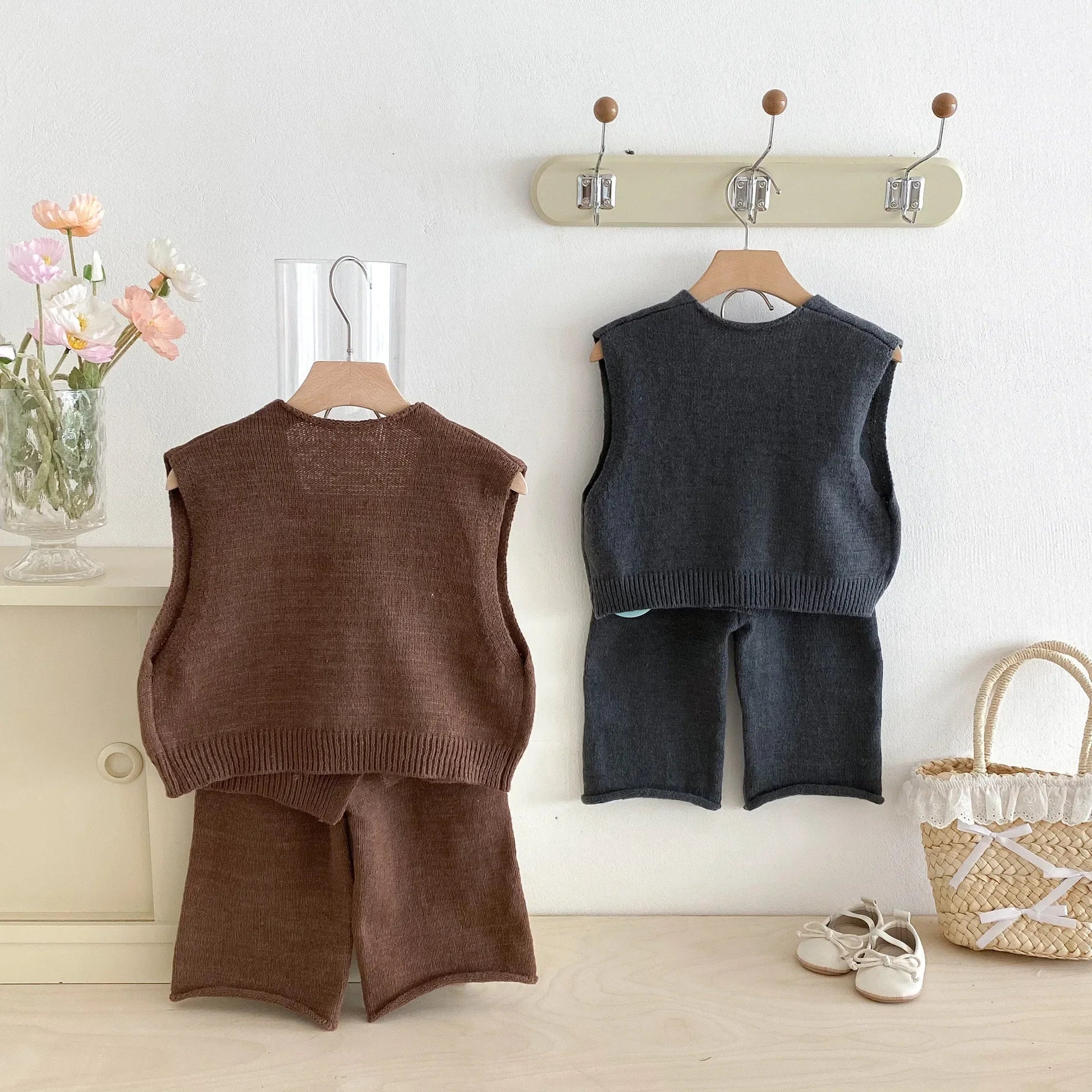 1-6Y Kids Clothing Set Knit Vest And Wide Leg Pants 2 Pcs Boys Clothing Set Brief Style Girls Sweater Suit