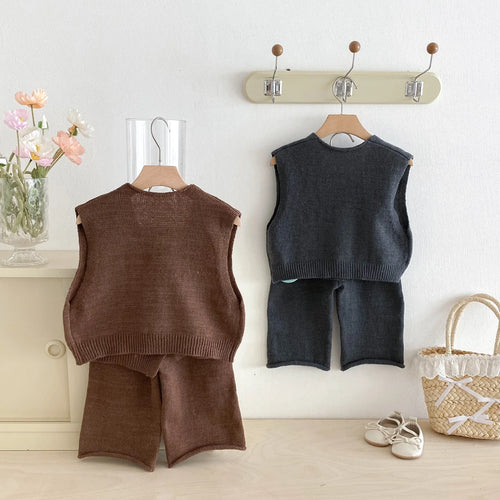1-6Y Kids Clothing Set Knit Vest And Wide Leg Pants 2 Pcs Boys Clothing Set Brief Style Girls Sweater Suit