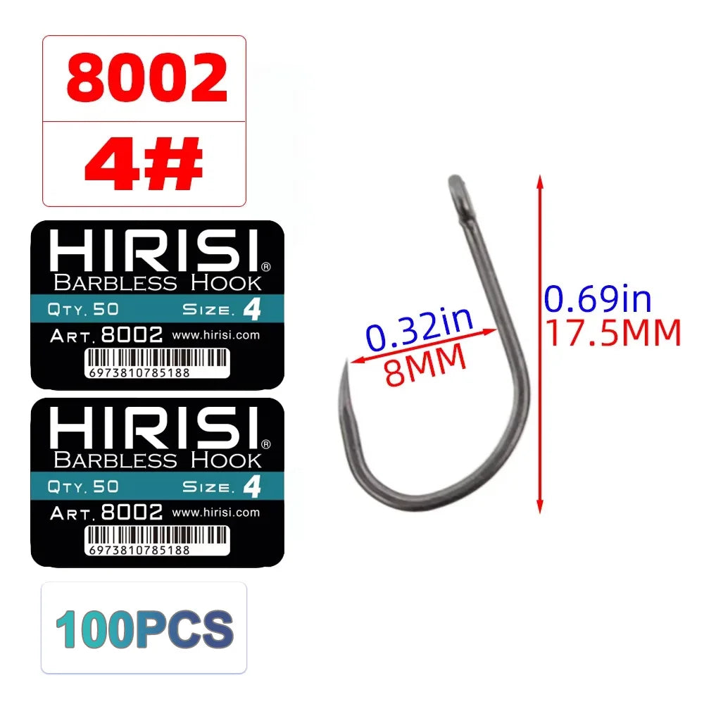 Hirisi 100pcs Barbless Fishing Hooks PTFE Coated High Carbon Steel Hook 8002 Freshwater Fishing Supplies