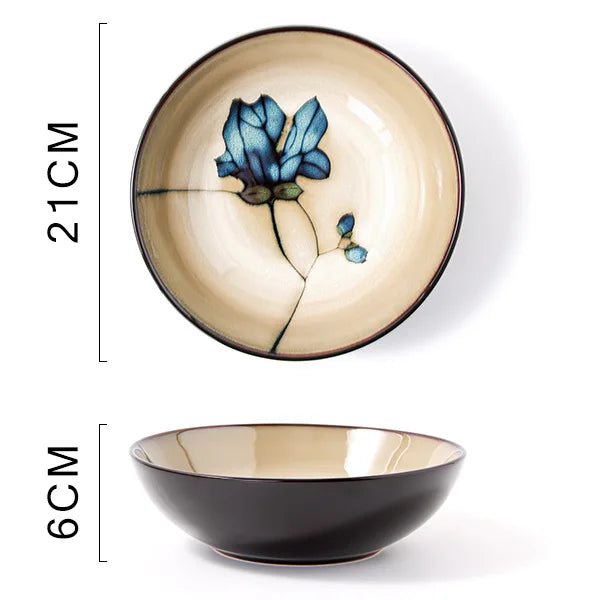 Ceramic hand-painted flowers creative dish plate Japanese tableware household fish plate round fruit plate kiln change rice bowl