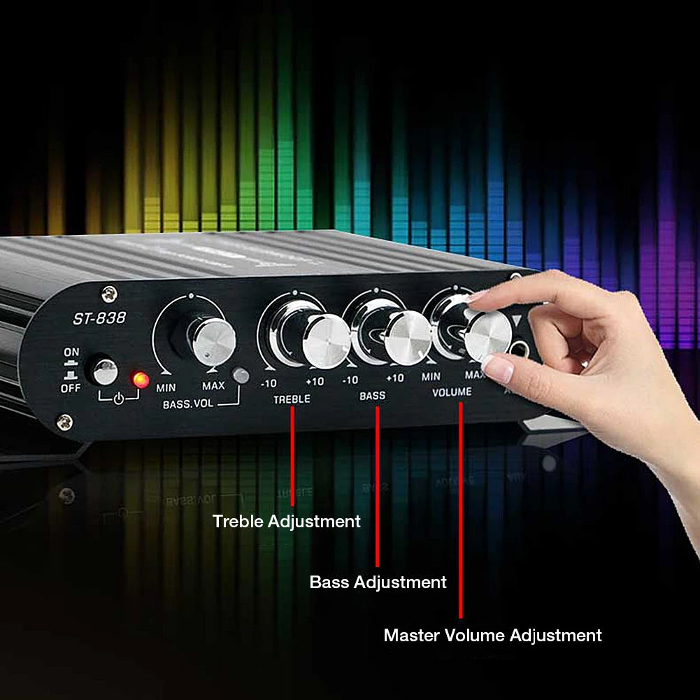 ST-838 Home Theater Amplifiers HiFi 2.1 Channel Power Amplifier Stereo Bass Sound Car Home Amp Media Player Subwoofer Amplifier