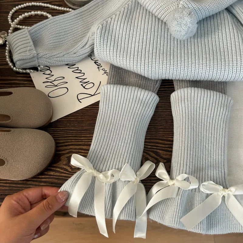 Korean-style Kids' Clothing 2025 New Autumn Girls' Hooded Knit Sweater with Yarn Leggings and Slouchy Socks Two-Piece Set Trendy