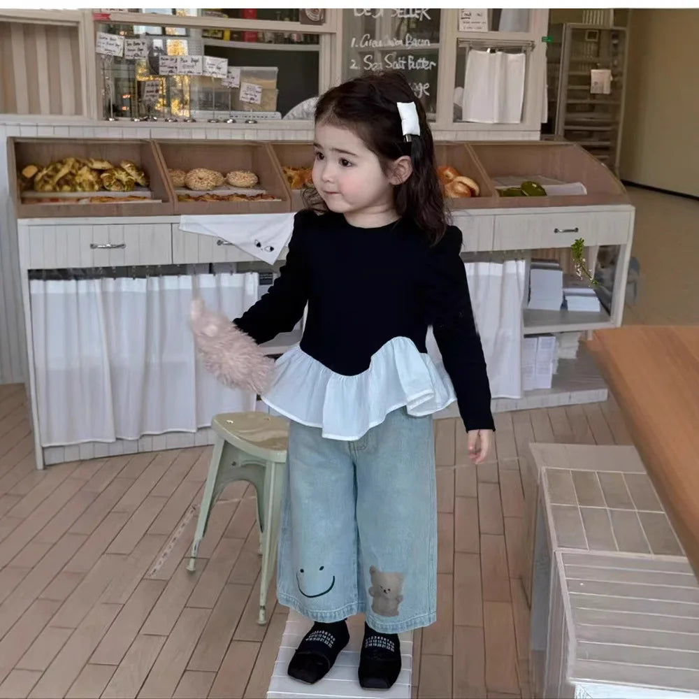 Korean Children Clothing 2025 Spring Clothing New Girls Splicing Long-sleeved T-shirt Top Girl Baby Ruffle Edge Bottoming Shirt
