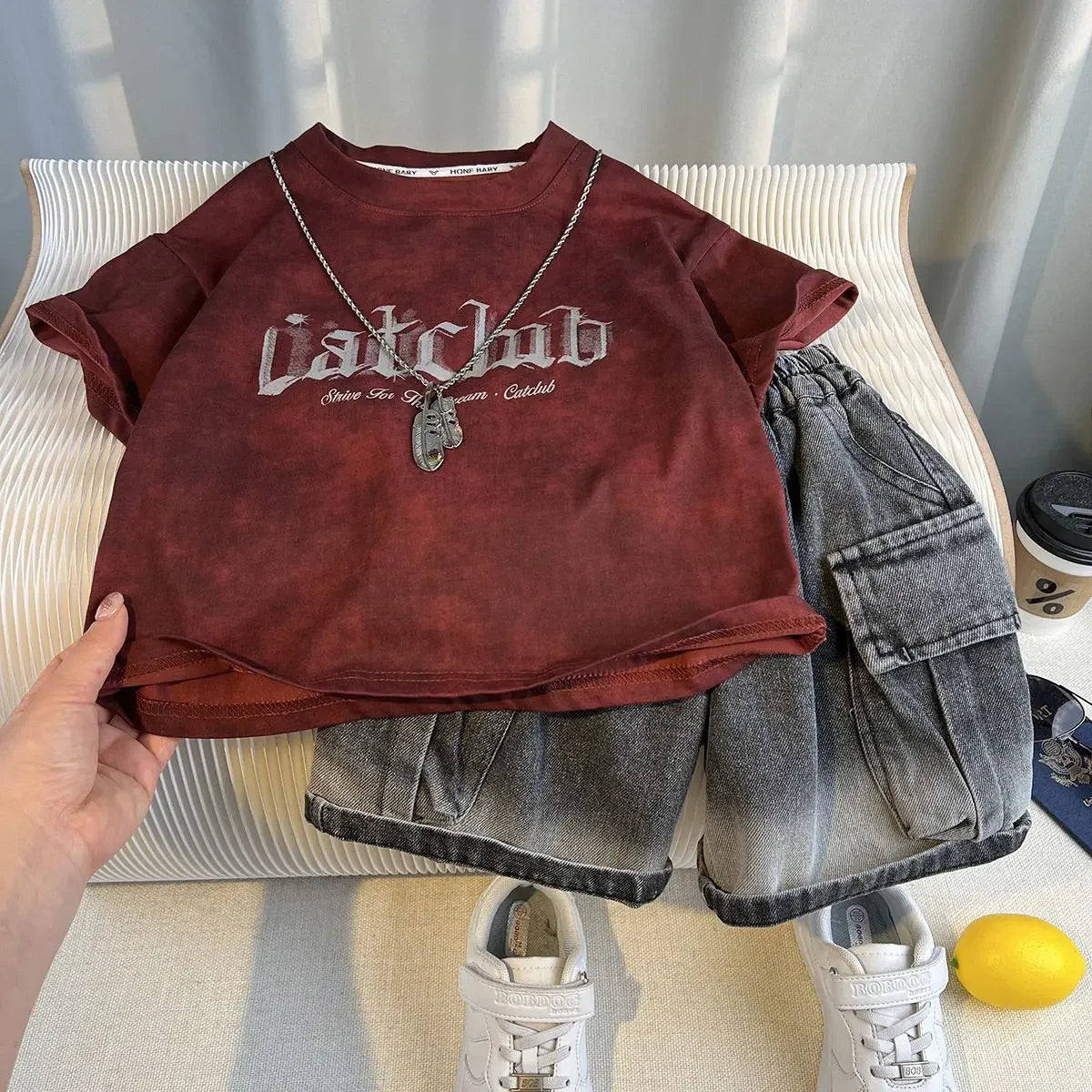 Kids Clothing 2pcs Sets Boys Grey Hole Short Sleeved T-shirt+ Denim Shorts Summer Suit 2025 New  Handsome Baby Clothes