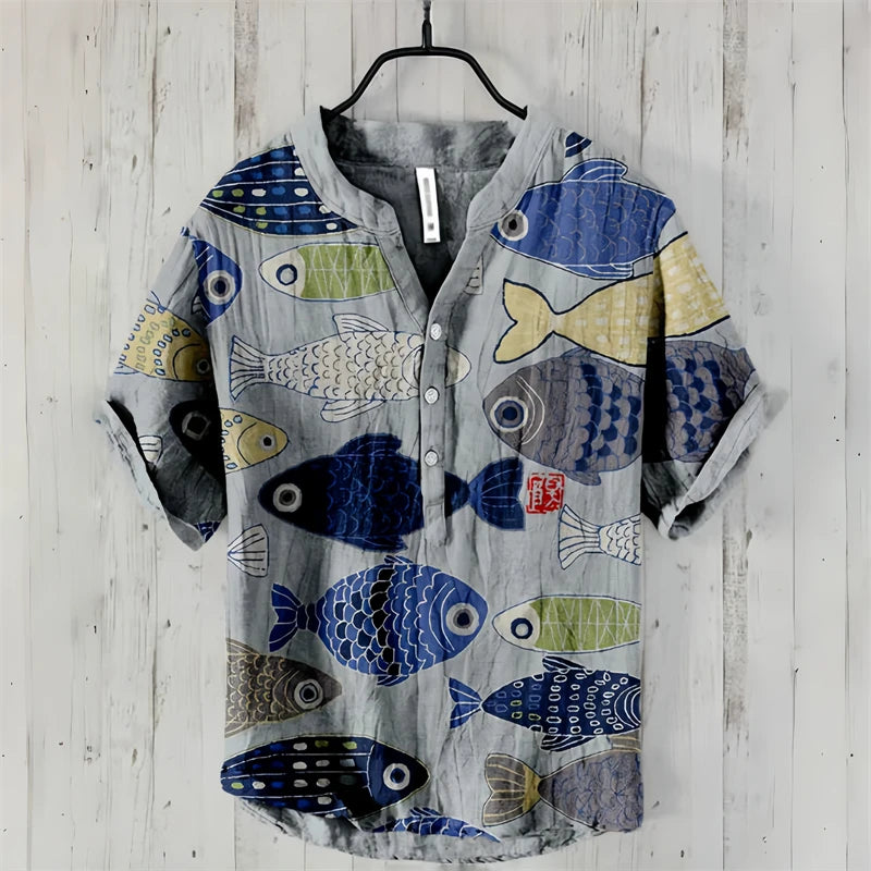 Spring and summer men's and women's shirts, fashionable shirts, casual fish pattern Hawaiian style printed shirts, linen tops