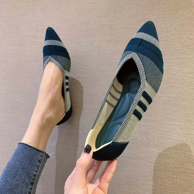 Women's Shoes Breathable Flat Shoes Fashion Soft Sole Knitted Shoes Elastic Comfortable Loafers Pointed Toe Slip on Casual Shoe