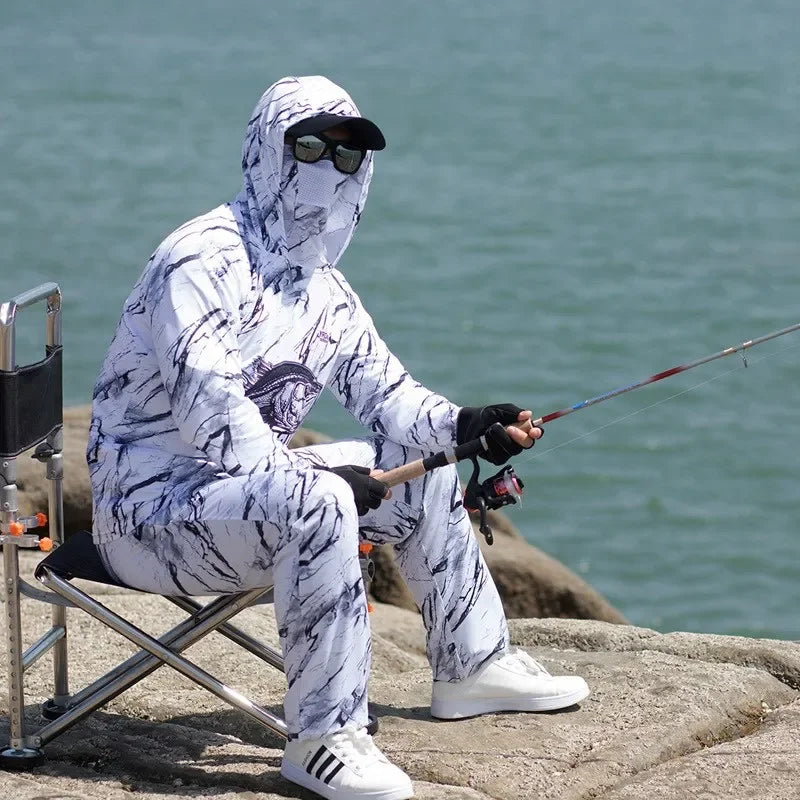 Camouflage Hooded Fishing Clothing Fishing Pants Summer Ice Silk Quick Dry Sun Protection Clothes Outdoor Fishing Shirt Jerseys