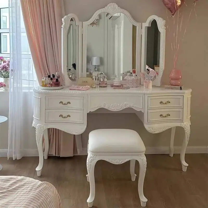 Wooden Luxury Vanity Table Dest European Hidden Glass Modern Dressing Table White Saving Makeup Tafel Furnitures For Bedroom