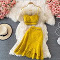 Summer Elegant Casual Fashion Skirts Suit Women Hallow Out Sleeveless Tanks Tops A-Line Two Pieces Set Female Outfits
