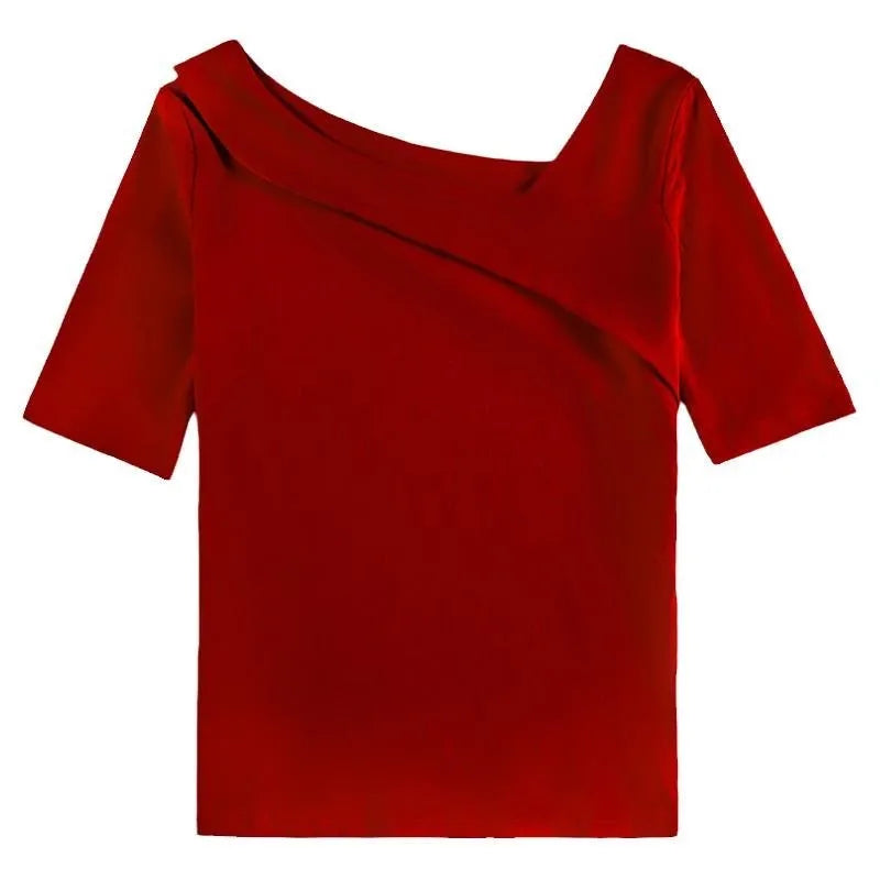 Woman's Clothing Basic T-Shirts Tops Lady Slim Short Sleeve Skew Collar Sheath Blouse Tops SS055