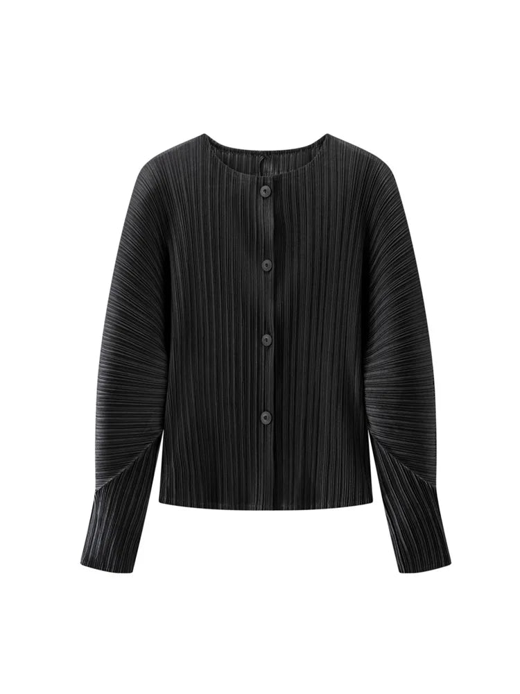 Miyake Pleated Solid Color Round Neck Cardigan Short Jacket for Women Long Sleeve Spring 2025 New Fashionable Age-reducing Top