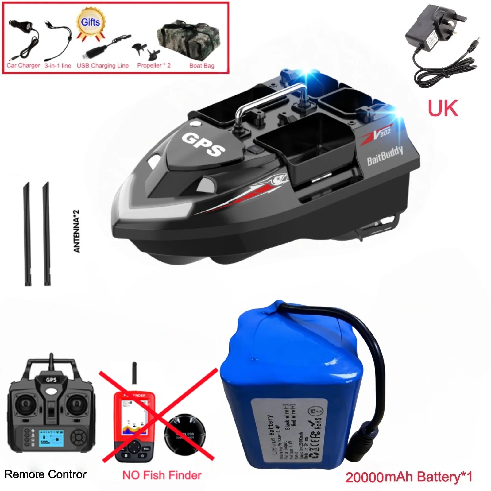 GPS Positioning 160 Positioning Points Fishing Boat Rc Bait Boat 4 Hoppers Waterproof 3KG Load 500M 15KM/H GPS One Click Return